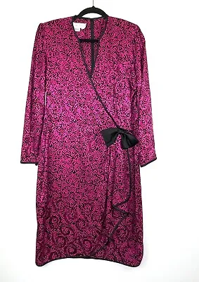 VTG Silk Studio Women's 14 Fuchsia Silk Black Abstract Rose Surplice Midi Dress • $29.87