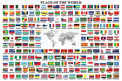 Flags Of The World And Map Wall Art Self Adhesive Vinyl Sticker Poster • £11