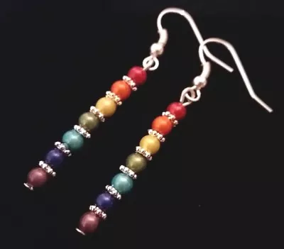 Chakra Rainbow Miracle Bead & Silver Dangle Hook Earrings Bright E45 • £2.99