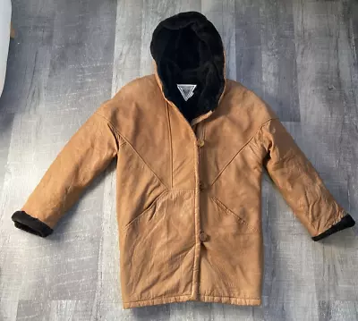 J Percy For Marvin Richards Tan Leather Cozy Warm Hooded Jacket Coat XS • $8