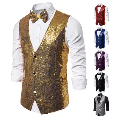 Men's Stage Sequin Vest Casual Blazer Solid Spring Three Button Jacket • $30.39