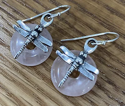 Vintage Sterling Silver Dragonfly Dangle Drop Earrings 1996 Handmade Rose Quartz • $20