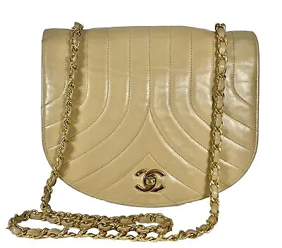 Vintage CHANEL Matelasse Chain Bag Beige Leather Shoulder Gold Turn Lock • $1195