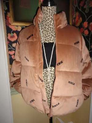 Victoria's Secret Pink  Xs Or S  Velour Logo Caramel Zip Crop Puffer Jacket New! • $79.95