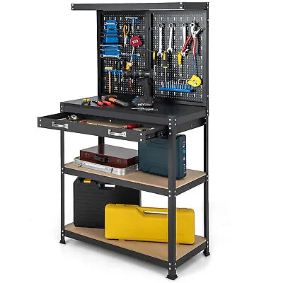 Multi-use Workbench W/ 2 Shelves Heavy-Duty Work Table Tool Storage Bench Black • $128.99