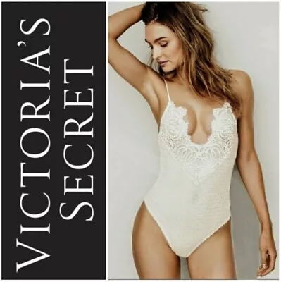Victoria's Secret Sexy Lace Plunge Cream White Teddy Bodysuit Lingerie M Nwt ! • $21.95