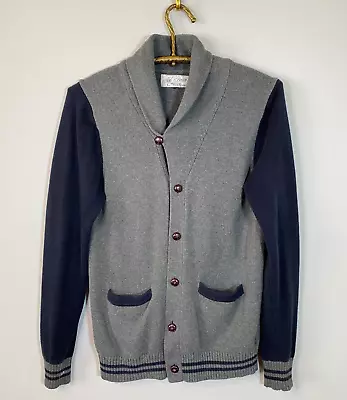 ABEL BROWN Gray SWEATER CARDIGAN Mens SMALL Navy Stripe VARSITY Shawl Collar • $20