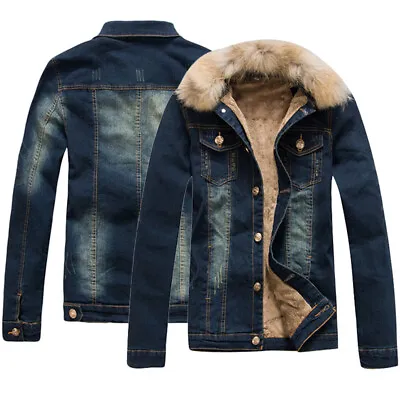 Men Jacket Fleece Lined Denim Coat Faux Fur Detachable Collar Outdoor Thermal • $100.23