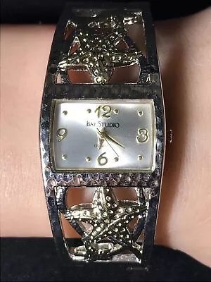 Bay Studio Silver Tone Dial Rectangle Hammered Style Case Star Fish Hinge Watch • $6