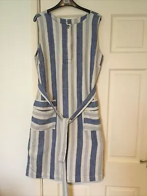 Gorgeous Tu Sz 14 Linenmix Blue Stripe Belted Dress Front Pkts Worn Twice  • £6.99