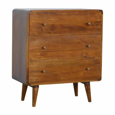 Kemi Nordic Mango Wood 3 Drawer Curved Chest Chestnut Unit Sideboard • £379.99