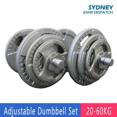 Adjustable Dumbbell Set 20KG - 60KG Solid Cast Iron Weight Plate Strength Set • $239.90