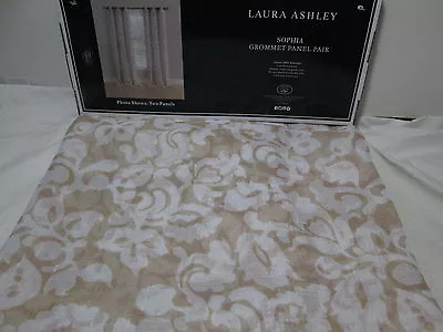 Laura Ashley SOPHIA Semi-Sheer Grommet Window Panels 2-40x84 ~ Beige/White NEW • £42.41