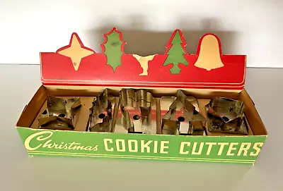 Vintage Metal Christmas Cookie Cutter Set Of 5 In Original Box HTF Handles 1940’ • $25