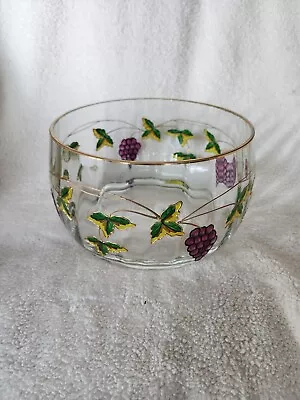 Romanian Crystal Bowl Clear Glass With Hand Painted Grapes Vines 24kt Gold Trim • $24.99