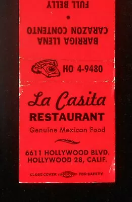 1960s La Casita Restaurant Mexican Food Nicolas Lisarraga Hollywood CA Matchbook • $3.82