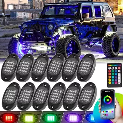 12 Pods RGB LED Rock Lights Kit Offroad Truck Underbody Neon Music Bluetooth APP • $39
