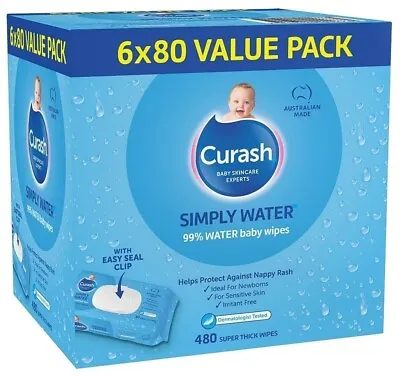 Curash Simply Water Baby Wipes Pack Of 480 (6 X 80 Pack) • $29.85