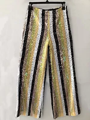 $99 • Buy STAUD Stage Pants Buttercup Multicolor Sequin Striped Wide Flare Leg 0 Small New
