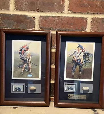 Set Of 2x Vintage  CIVIL WAR   Art Prints With 1963 5c Stamp & Bullet Framed • $18