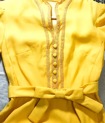Vintage 1970s Maxi Dress Yellow Belted Long Sleeve Bridesmaid Handmade Sz 6-8 • $65.50