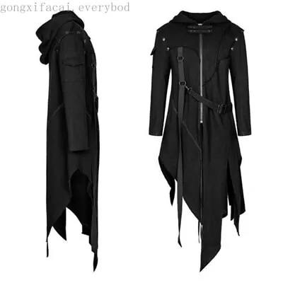 Mens Medieval Gothic Black Cardigan Jacket Hooded Long Coat Outwear Fashion Coat • $37.88