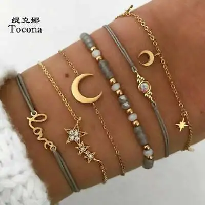 Tocona Bohemia 6pcs/sets Love Moon Bracelets For Women Bead Gold Star Clear Crys • $10