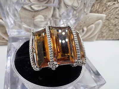 VINTAGE Large .74” Wide Sterling Silver Golden Citrine Ring Sz 8 Fabulous • $12.25