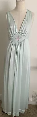 Vintage 70s Lorraine Satin Appliqué  Long Nightgown Aqua Small Beautiful • $10