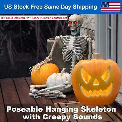 21  Scary Pumpkin Lights Up Jack O Lanterns+3FT Halloween Skull Skeleton LED Eye • $128.86