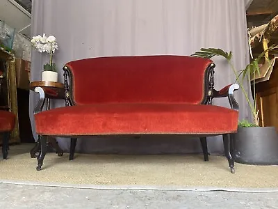 £275 • Buy Antique  Inlaid Carved  Two Seater  Red Velvet Sofa Loveseat Hall Bench Settee