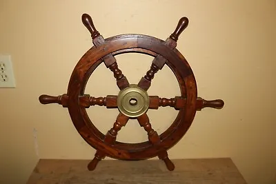 Vintage 25  Mahogany Wood & Brass 6 Handle Ships Wheel Yacht Helm Boat • $125