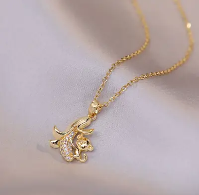 Gold Titanium Monkey Love Banana Pave CZ Pendant Chain Necklace • $11.99