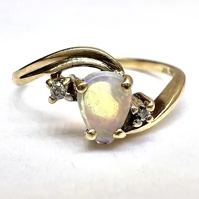 Vintage 10K Solid Yellow Gold Tear Drop Opal Diamond Women’s Ring Size 6 1.45g • $120