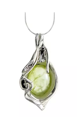 Hagit PREHNITE Gemstone Pendant With Chain NECKLACE 18  STERLING SILVER • $93.49