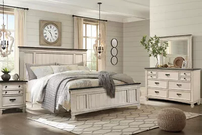 NEW Queen King 4PC Two-Tone Rustic White Bedroom Modern Furniture Set Bed/D/M/N • $1399.99