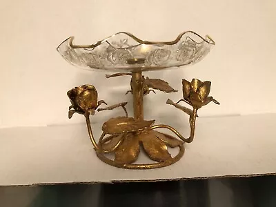 Vtg Hollywood Regency Gold Gilt Pedestal Bowl Roses • $27.99