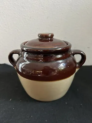Monmouth USA Bean Pot Cookie Jar Brown & Cream Glazed Pottery Pot Lid Maple Leaf • $14.99