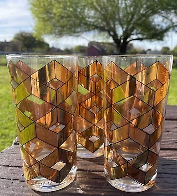 3 Culver Glasses Collins Highball Gold Geometric Mid-century Logo Regency VGVC • $150