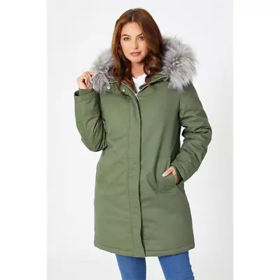 Studio Be You Womens Faux Fur Trim Hooded Parka Coat - Khaki / UK Size 8 • £19.99