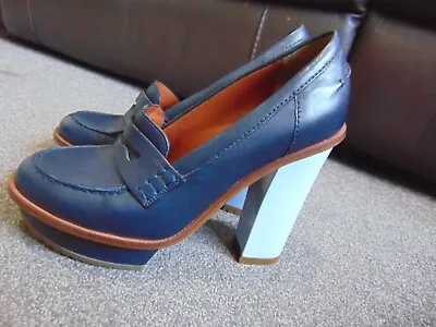 Ladies Mulberry Blue Leather High Heel Platform Loafers Shoes Size 39 UK 6 • £95.99