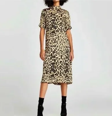 ZARA WOMAN Medium Mock Neck Puff Sleeve Leopard Midi Dress • $19.99