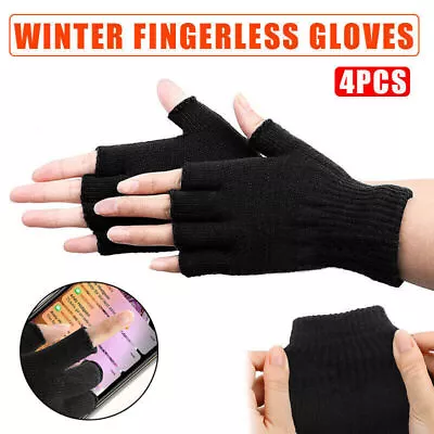 2x Winter Fingerless Gloves Open Finger Black Soft Warm Knitted Glove Unisex AU • $7.61