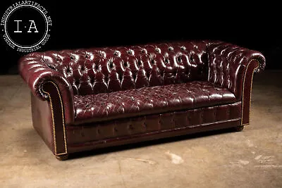 Vintage Tufted Leather Chesterfield Sofa In Burgundy • $3850
