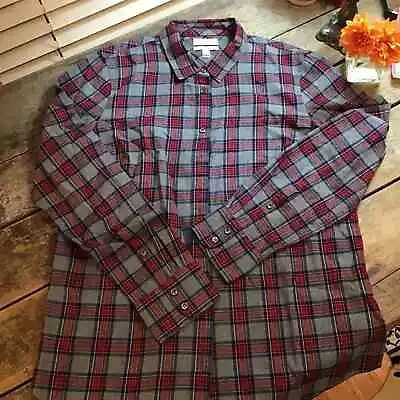 J. Crew Plaid 'Boy' Flannel Shirt Grey Red And Navy Narrow  Boy  Fit • $18.76