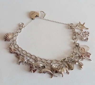 £22 • Buy Vintage Sterling Silver Charm Bracelet SD With 14 Charms Bracelet