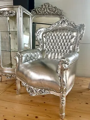 Armchair French Louis Style In Silver Finish Settee Retro Baroque Rococo Style • £385.28