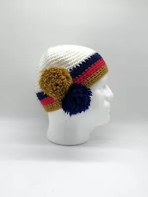 Vintage Hand Crocheted Hat Pom Pom White Red Blue Yellow 60’s Jacques Isler • $14.95