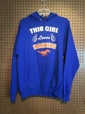 Hanes Women’s Sz Large Broncos NFL “This Girl Loves Manning” Blue Hoodie EUC #16 • $19.95