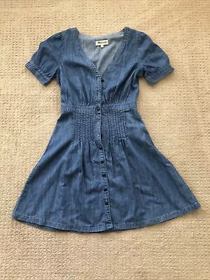 Madewell Blue Chambray Pleated Short Sleeve Button Up V Neck Shirt Dress Size 00 • $19.99
